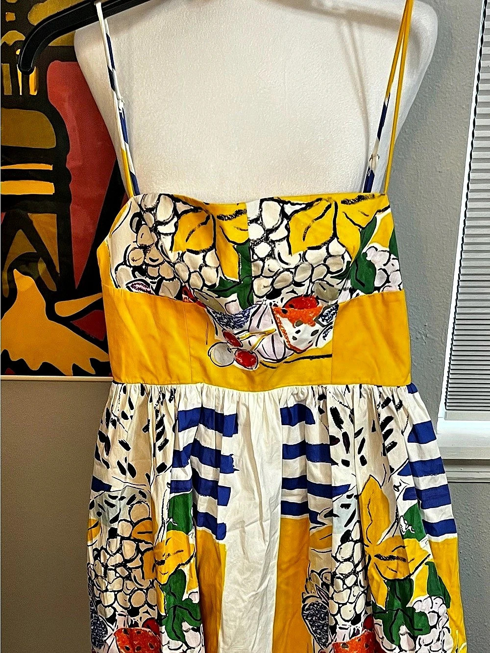 Zara Fruit Print Poplin Dress Floral Mini Yellow & Blue Medium NWT extra small - Picture 4 of 13